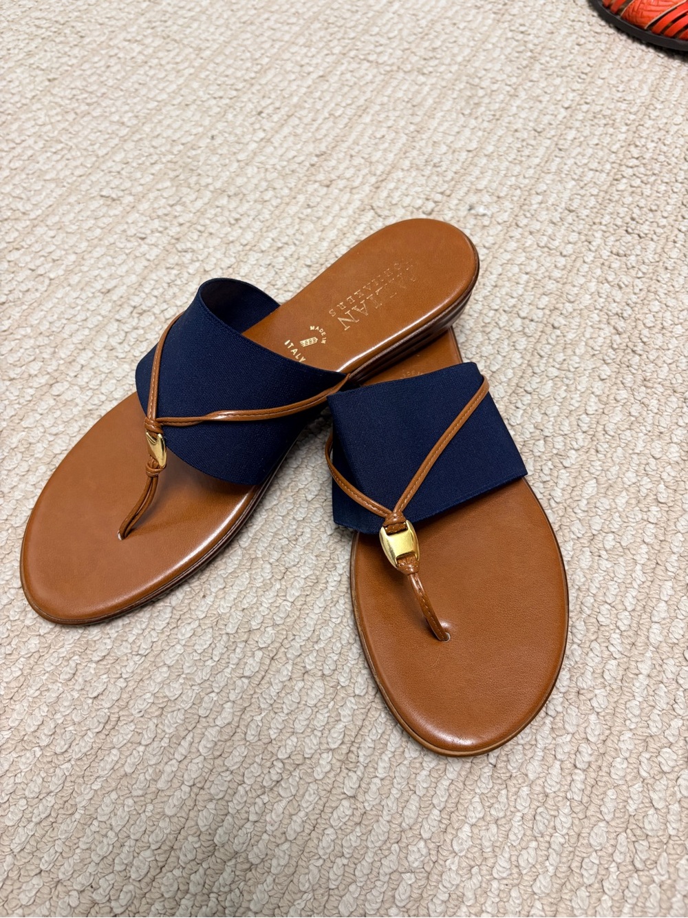 Italian Shoemakers Navy and Tan Slide Sandals with Gold Accent - Picture 2 of 4